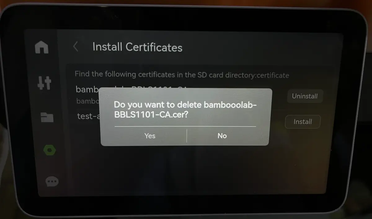 Afinstallationsknap til certifikater på printerens netværksindstillingsskærm