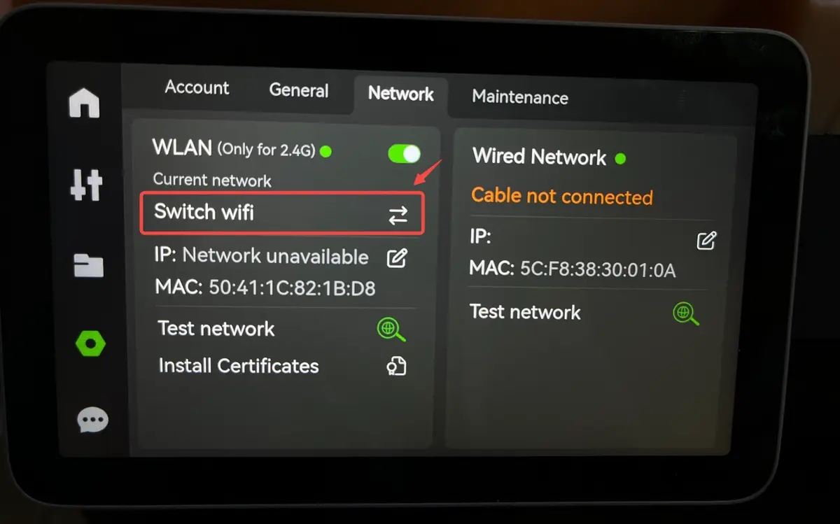 Netværksindstillingssiden på X1E med knappen Skift Wi-Fi for standard Wi-Fi