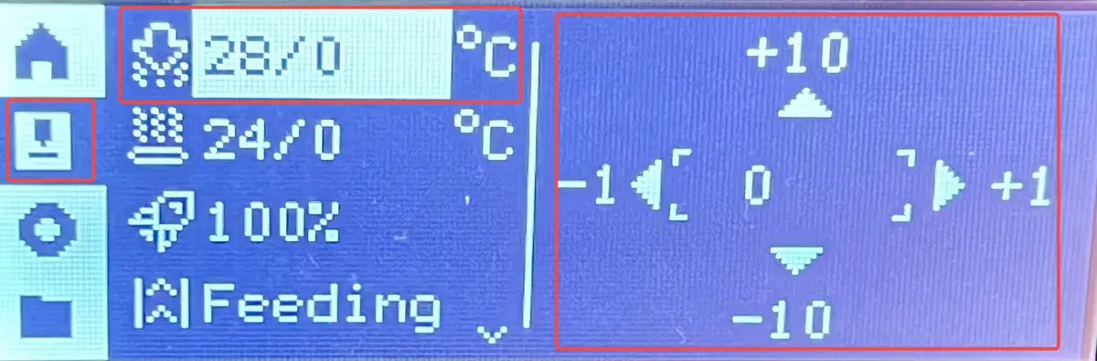 P1-skærm der viser navigation til hotend-temperaturindstilling