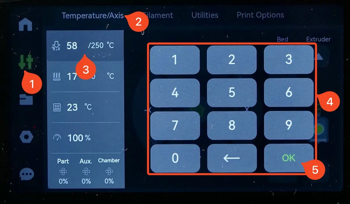 X1-skærm med hotend-temperatur indstillet til 220°C for cold pull