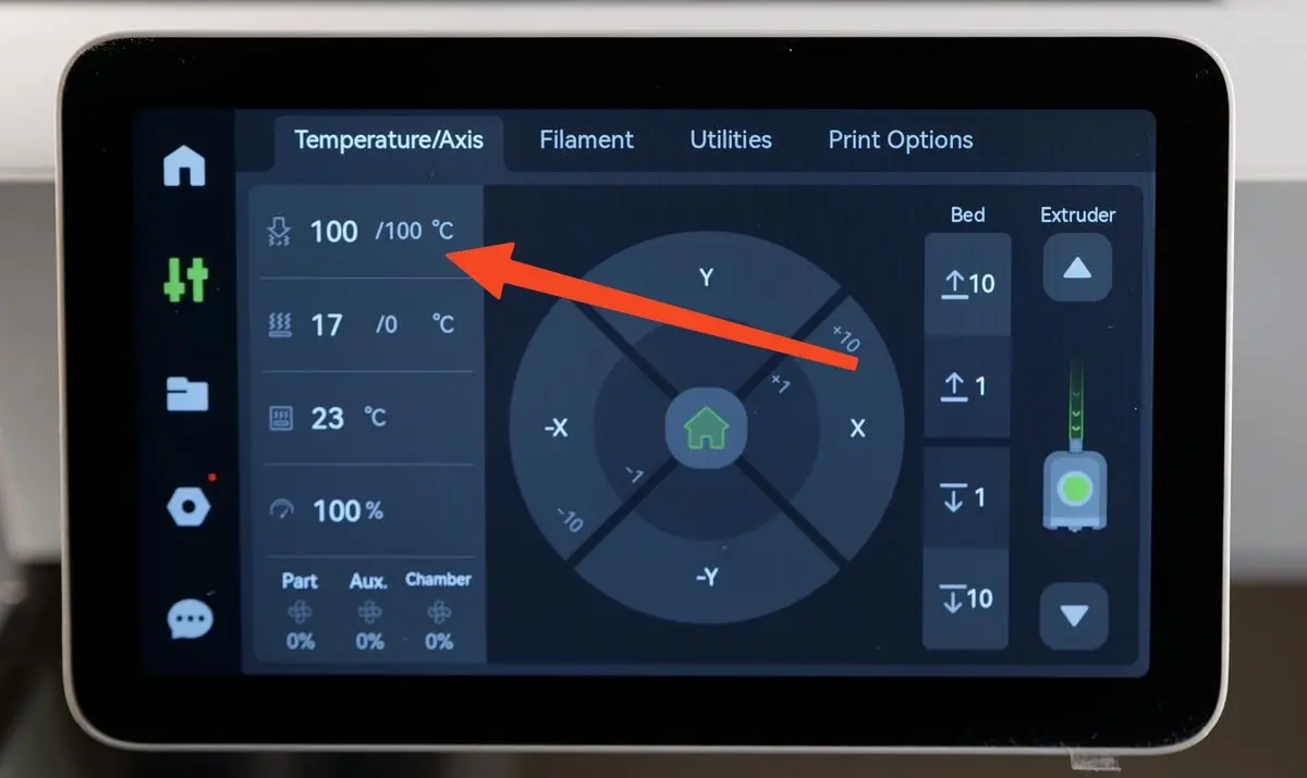 Hotend-temperatur indstilles til 100°C for cold pull-proceduren