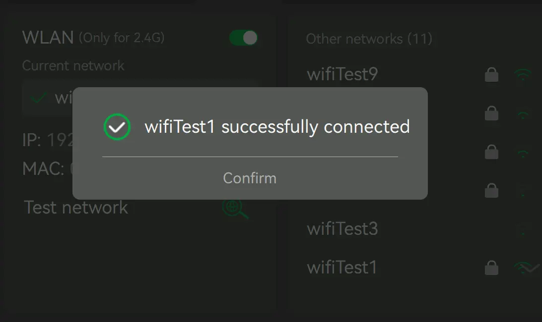 Bekræftelsesmeddelelse på skærmen når Wi-Fi-forbindelsen er oprettet