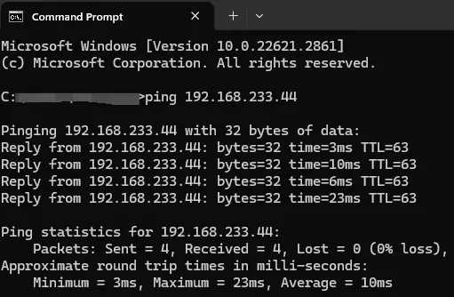 Kommandoprompt der viser ping-test mod printerens IP-adresse