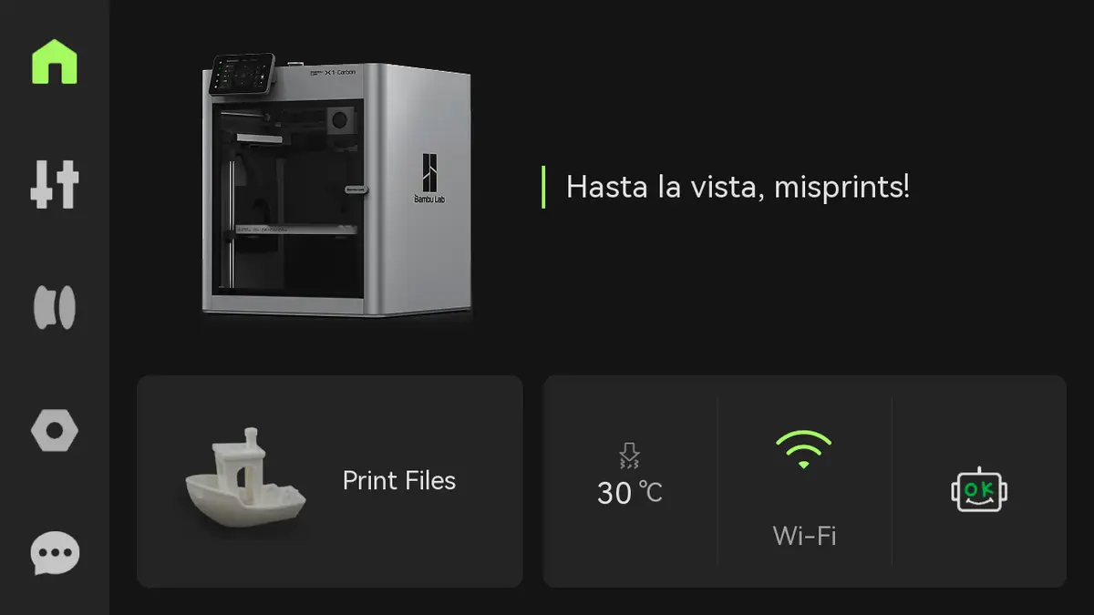 Startsiden på X1-printerens skærm med menuoversigt