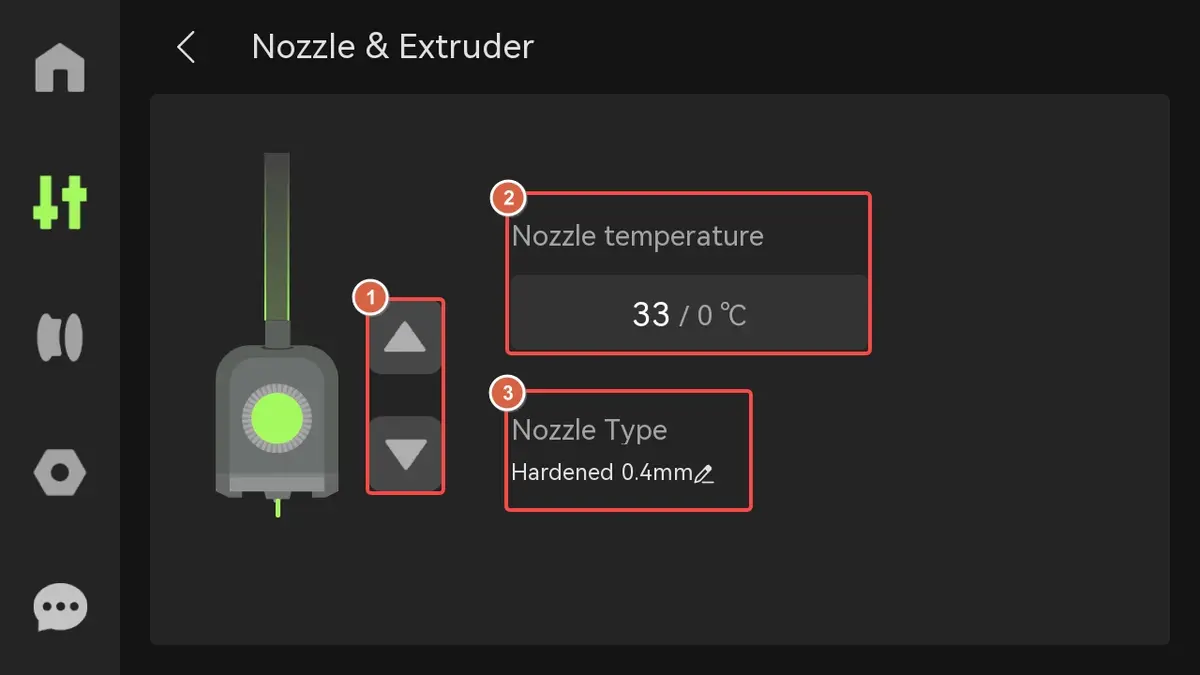 Nozzle- og ekstruderindstillinger på X1-skærmen
