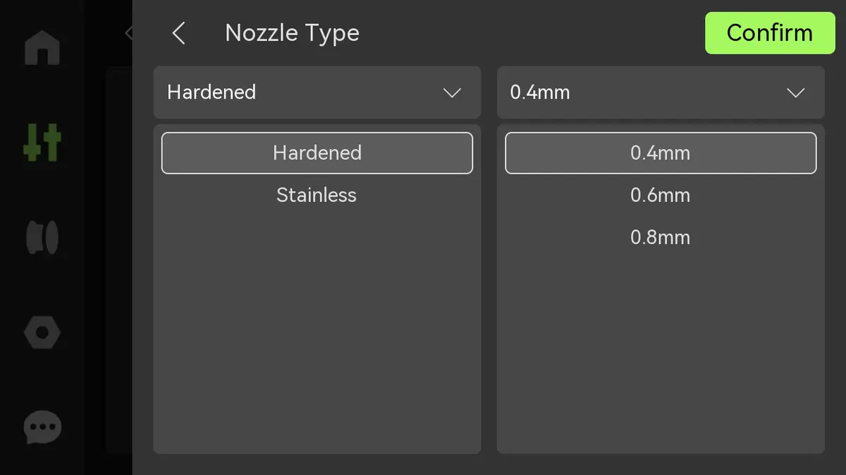Nozzle-typeindstilling på X1-skærmen til valg af type, materiale og diameter