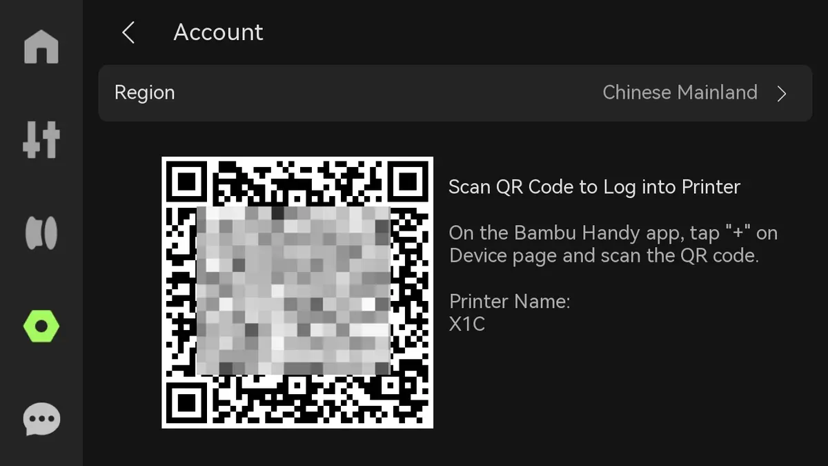 QR-kode på skærmen til scanning med Bambu Handy-app for kontoadgang