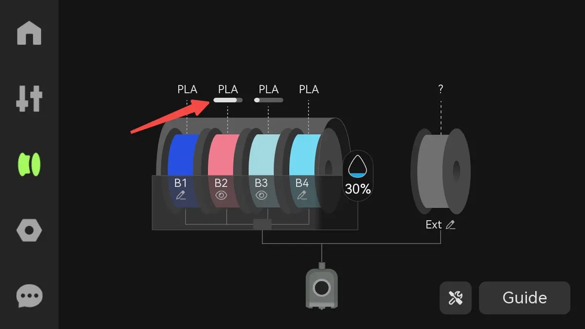 Resterende filament-estimering vist som vandret linje under filamentnavn i AMS