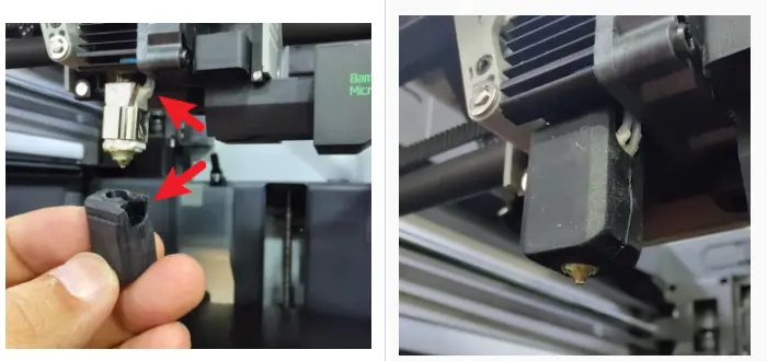 Montering af det nye siliconedæksel pa X1/P1-seriens hotend - kabelrillet placeres korrekt