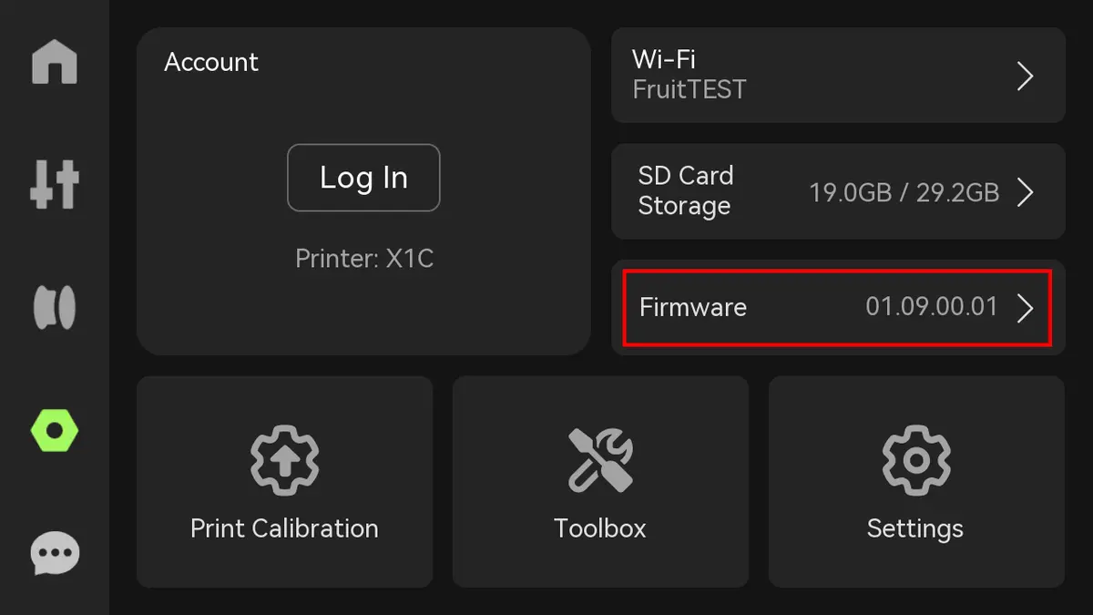 Firmware-sektion i X1C-indstillinger