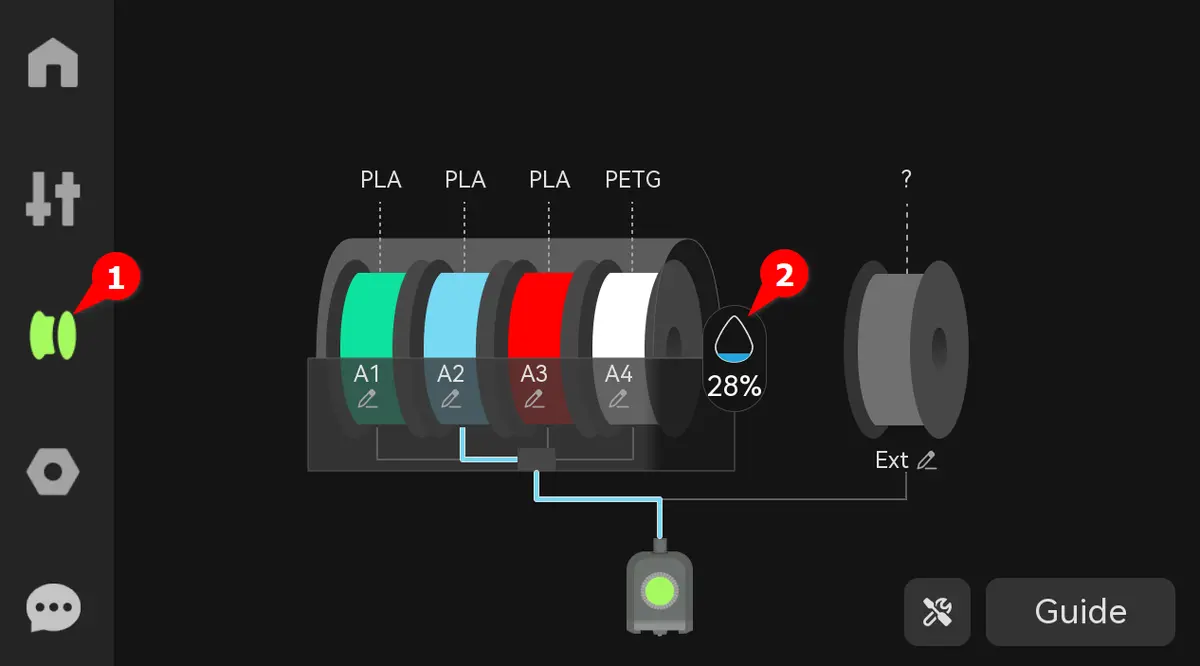Filament-sektion pa X1C touchscreen med AMS luftfugtighedsikon