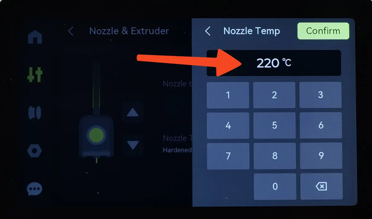 X1C-skærm med dysetemperatur indstillet til 220 grader C til cold pull