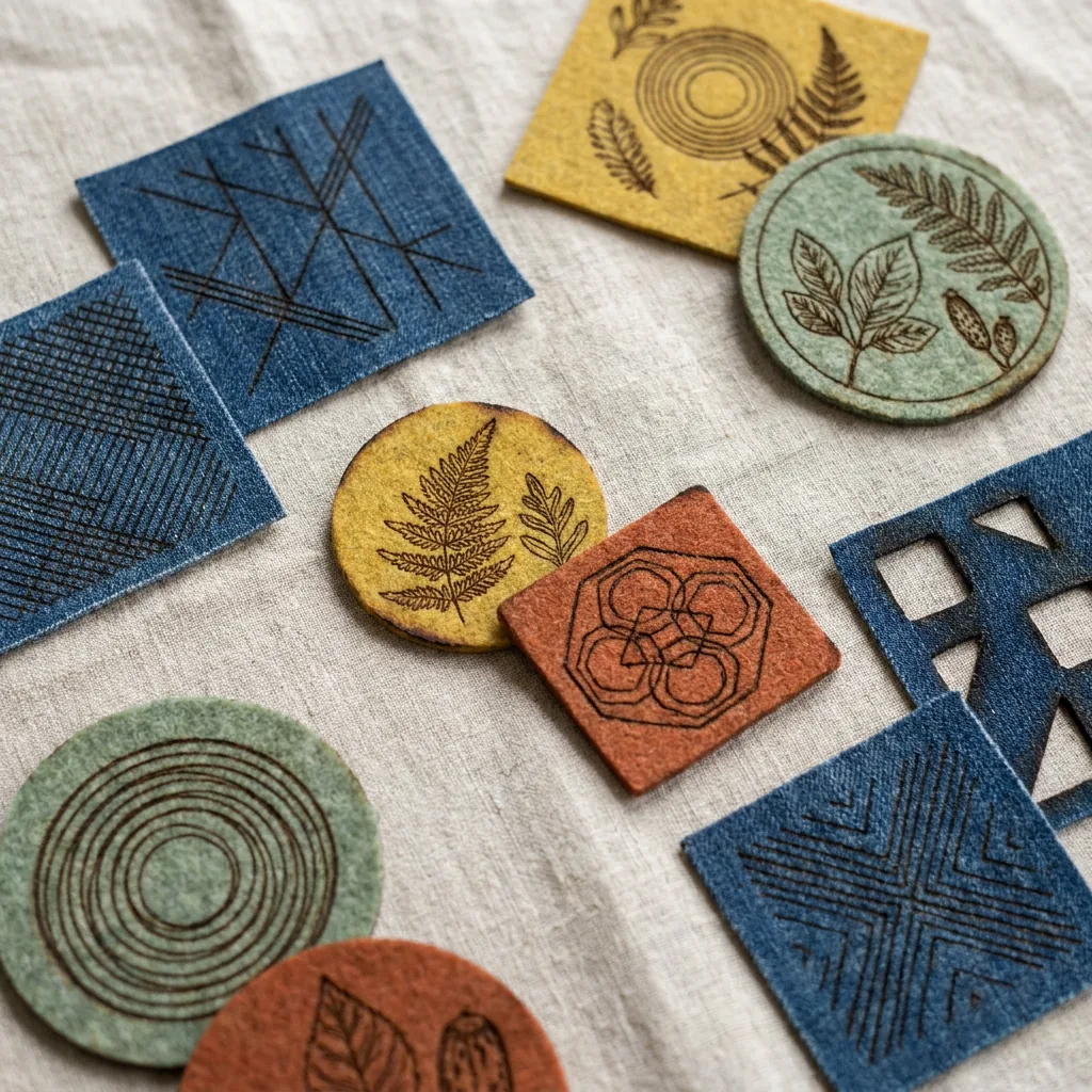 Graverede patches i denim og filt