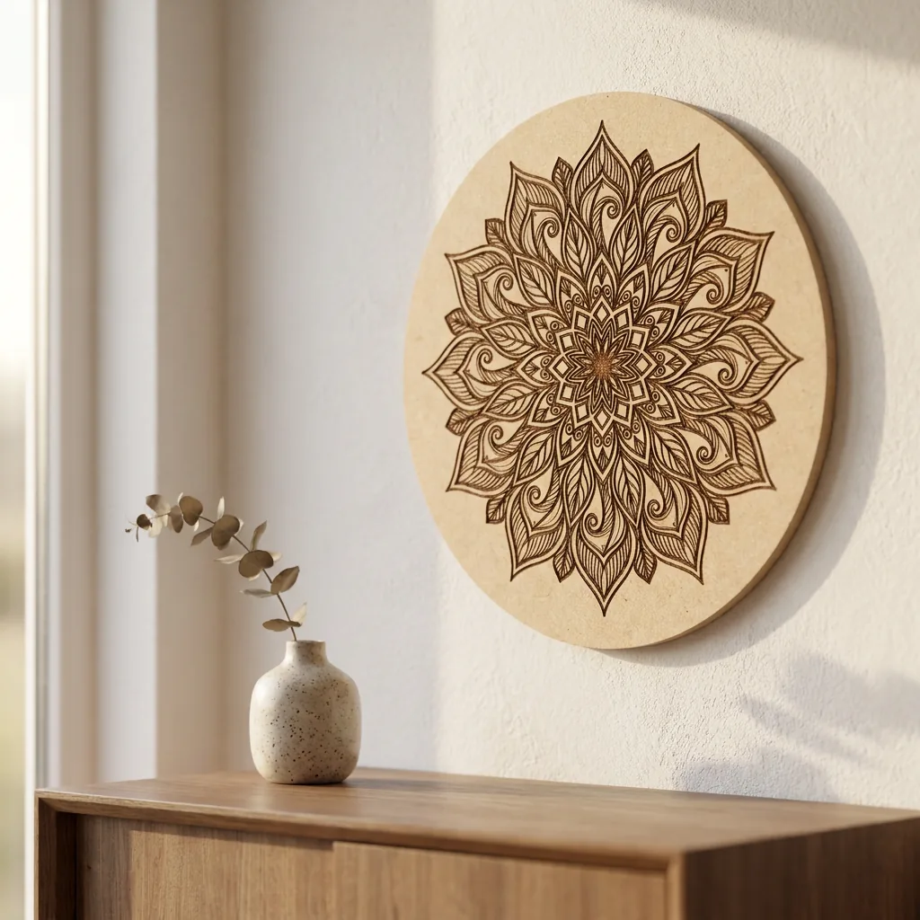 Rund MDF-vægdekoration med graveret mandala
