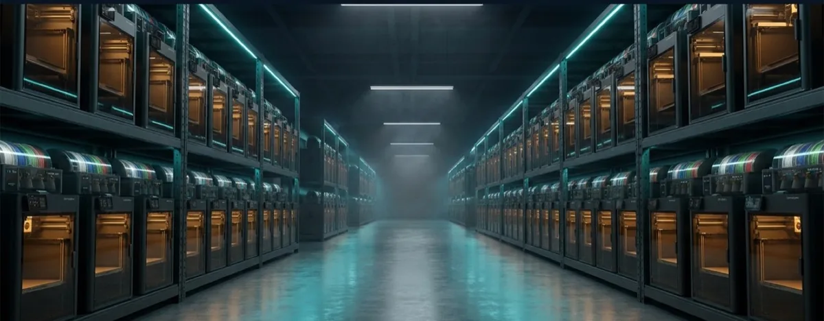 3D Print Farm med rækker af printere