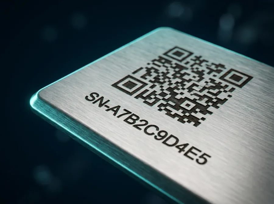 QR-kode og serienummer lasermærket i børstet stålplade
