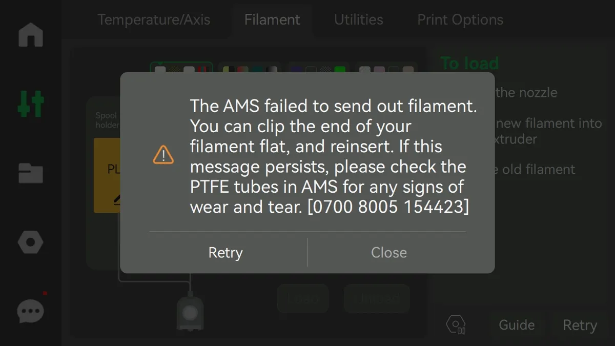 Fejlmeddelelse om filament der ikke kan fremføres