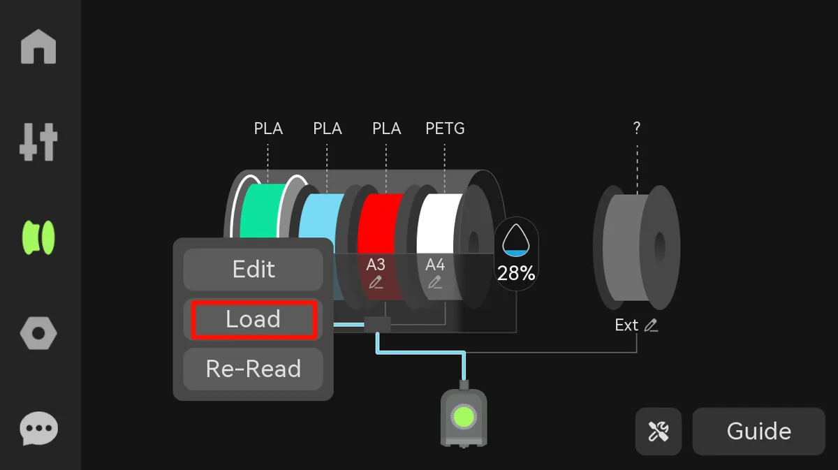 Load-knappen på skærmen til indføring af filament
