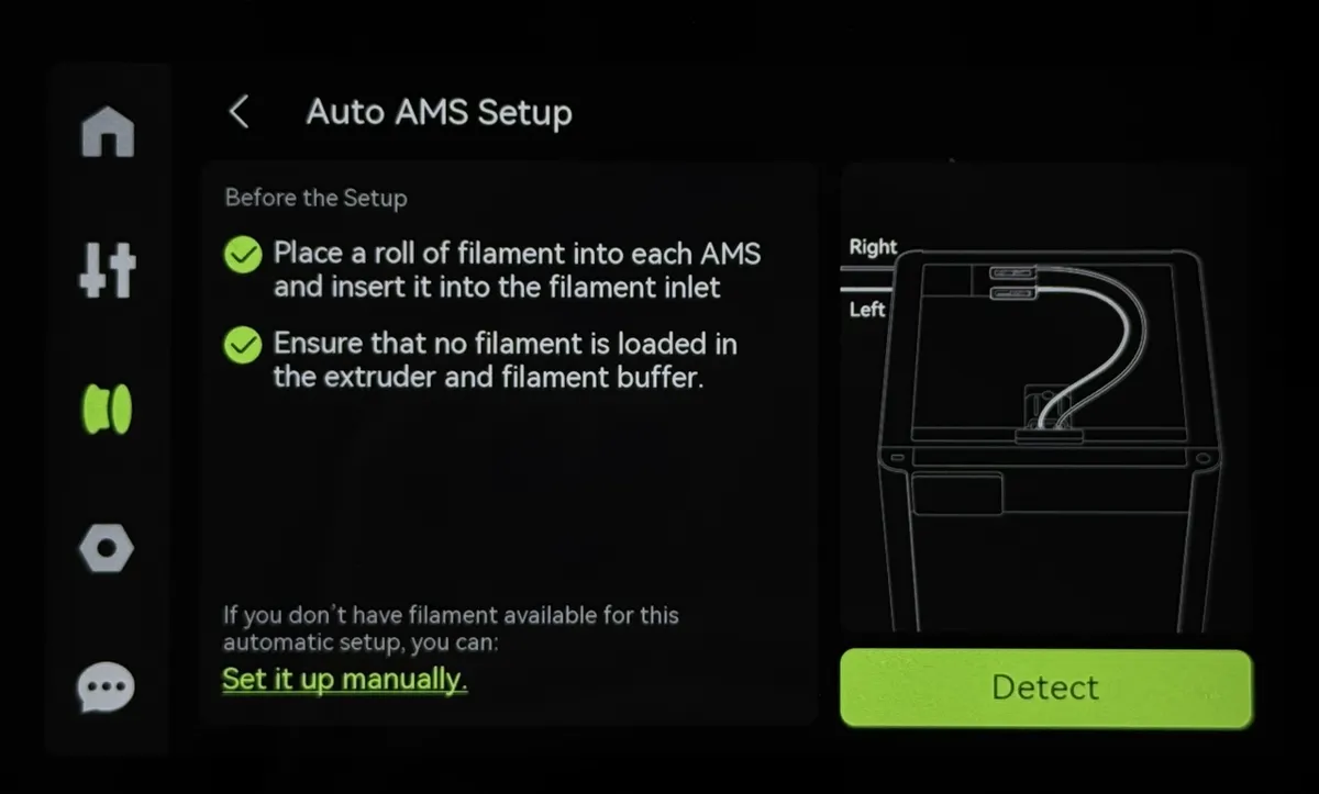 AMS sender filament til ekstruderen for automatisk registrering af side
