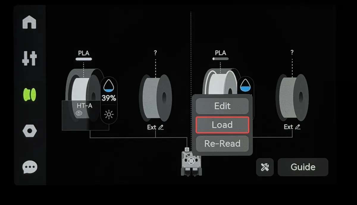 Fremføring af filament med knappen Load