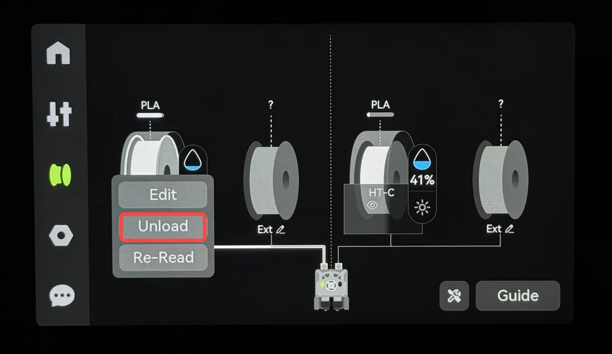 Tilbagetrækning af filament med knappen Unload