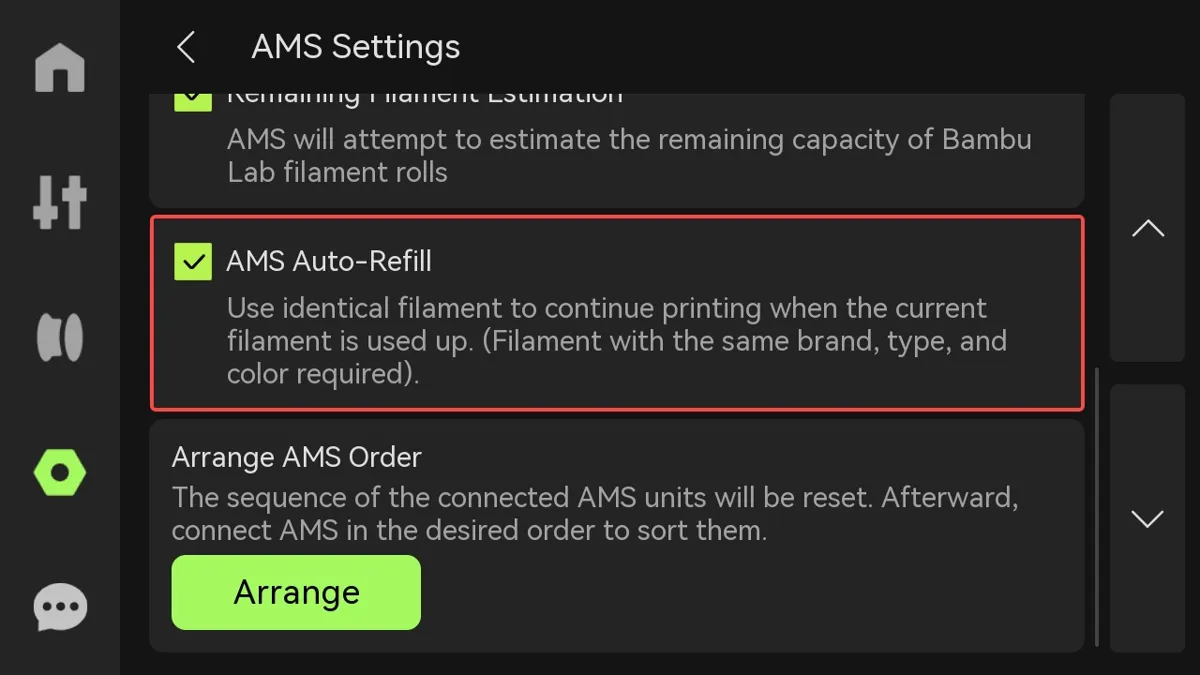 Aktivering af AMS Auto-Refill i indstillingerne