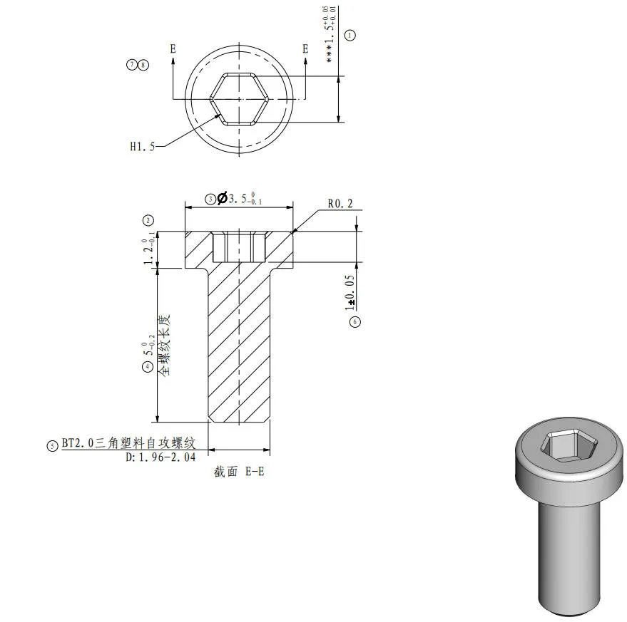 Tegning af skrue B, BT2*5
