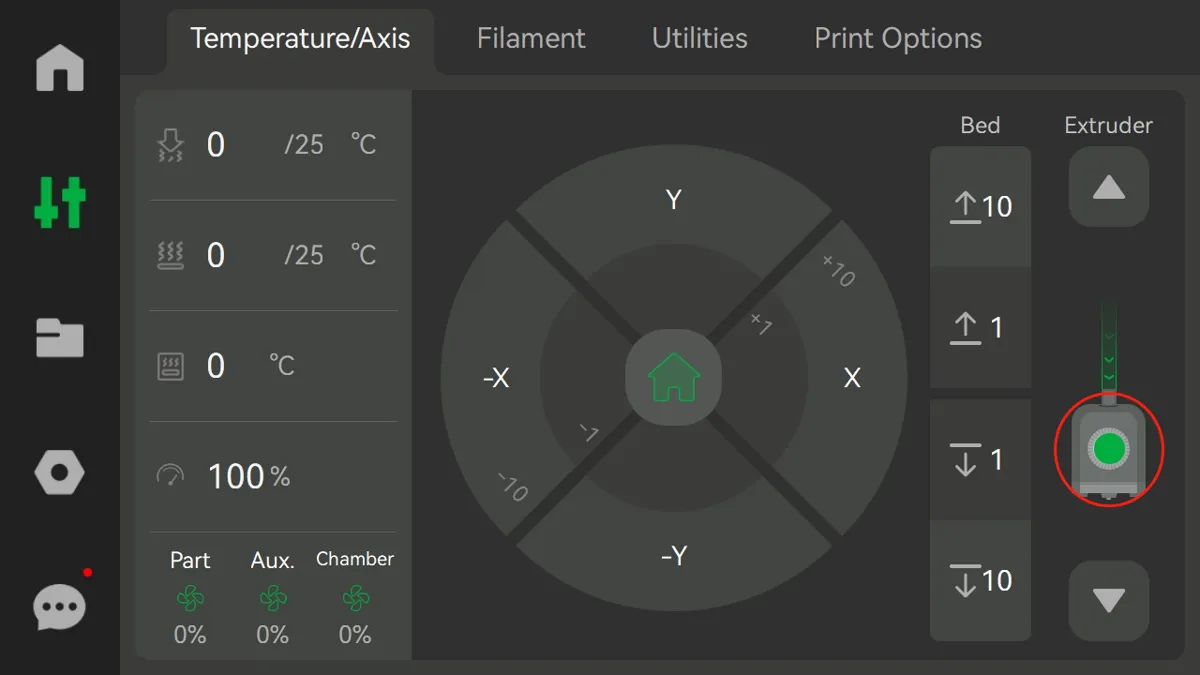 Grøn prik på Temperature Axis-siden viser at ekstruderen registrerer filament