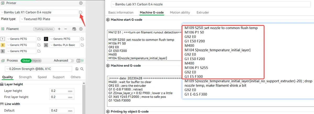 X1/P1 Machine start G-code med skylning af gammelt materiale