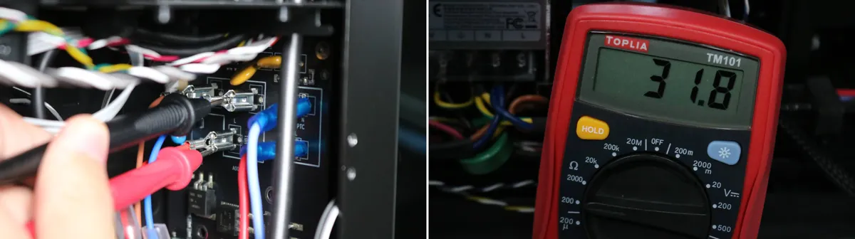Måling af modstand på det rød-blå stik med multimeter