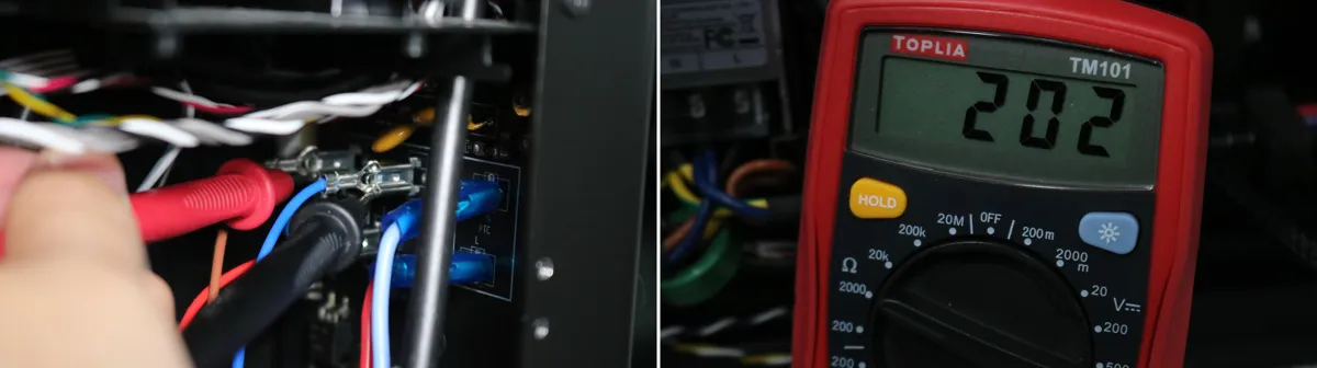 Måling af modstand på det brun-blå stik med multimeter