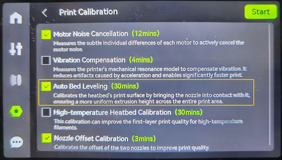 Start af automatisk bordnivellering via Print Calibration