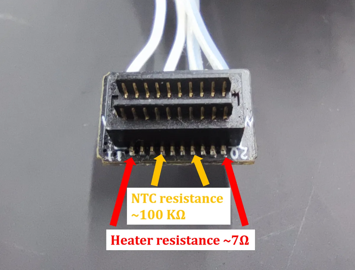 Modstandsværdi på hotend med markerede pins