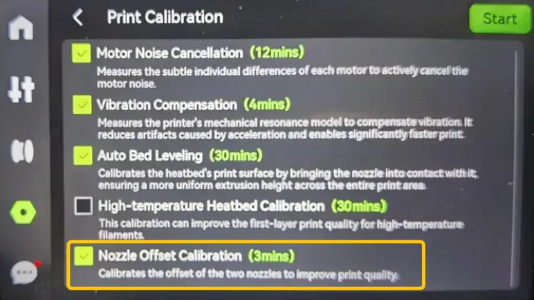 Menuvalget Print Calibration og Nozzle Offset Calibration