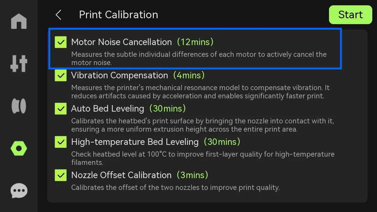 Flueben ved Motor Noise Cancellation i kalibreringsmenuen