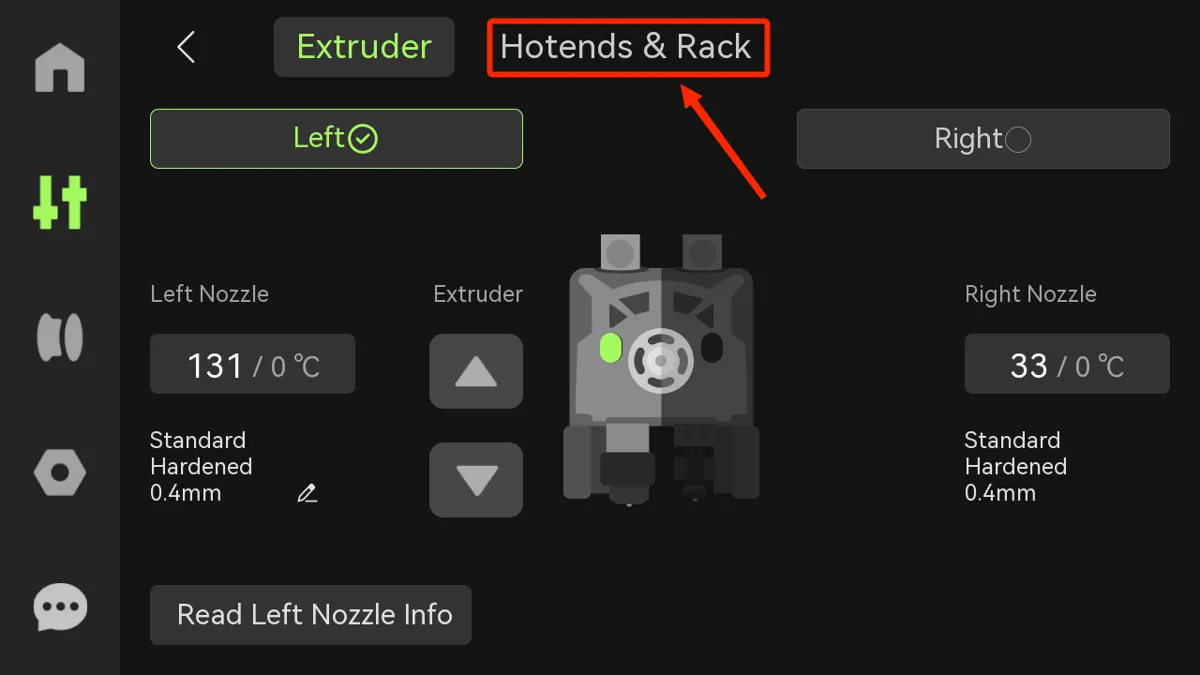 Skærmvisning af Hotend og Rack, trin 2