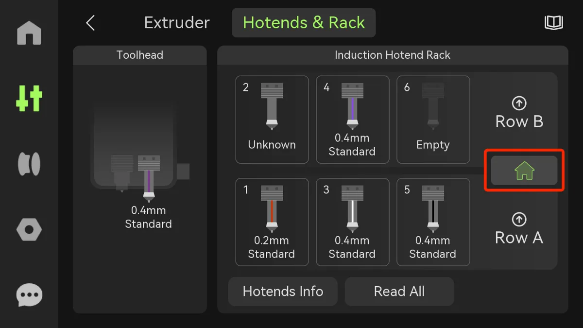 Homing-operation for den induktive hotend-holder på skærmen
