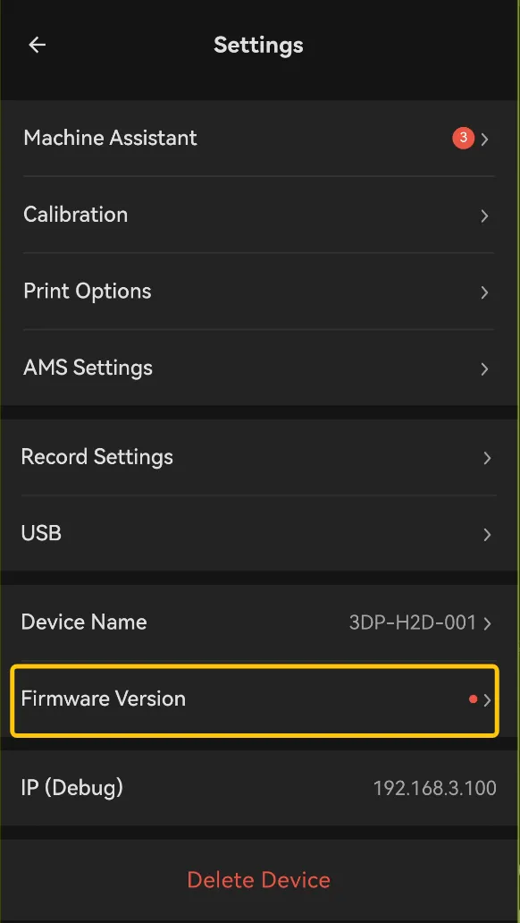 Vej til firmware i Bambu Handy