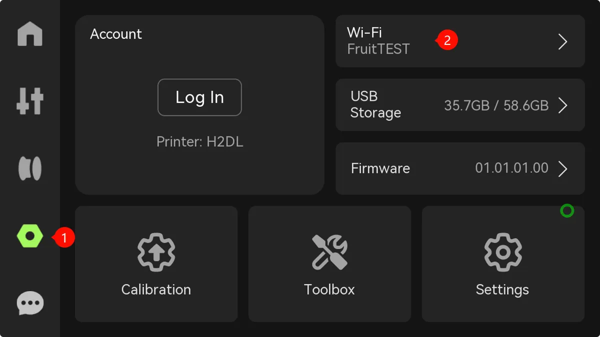 Wi-Fi-opsætning på H2D/X1-skærmen, trin 1