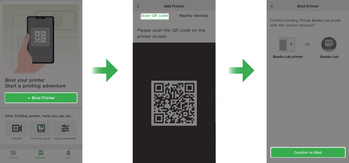 Bind printeren til kontoen via Bambu Handy-appen
