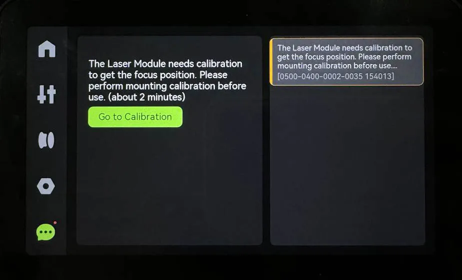HMS-siden viser fejlmeddelelsen om lasermodulets kalibrering