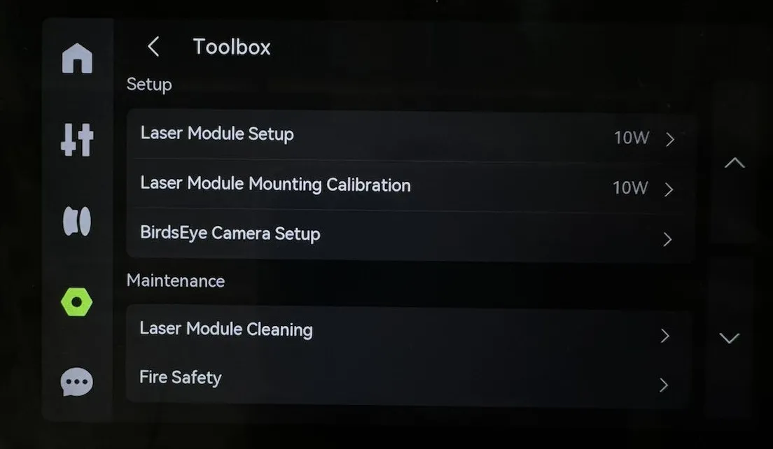 Toolbox-menuen med adgang til lasermodulets kalibrering