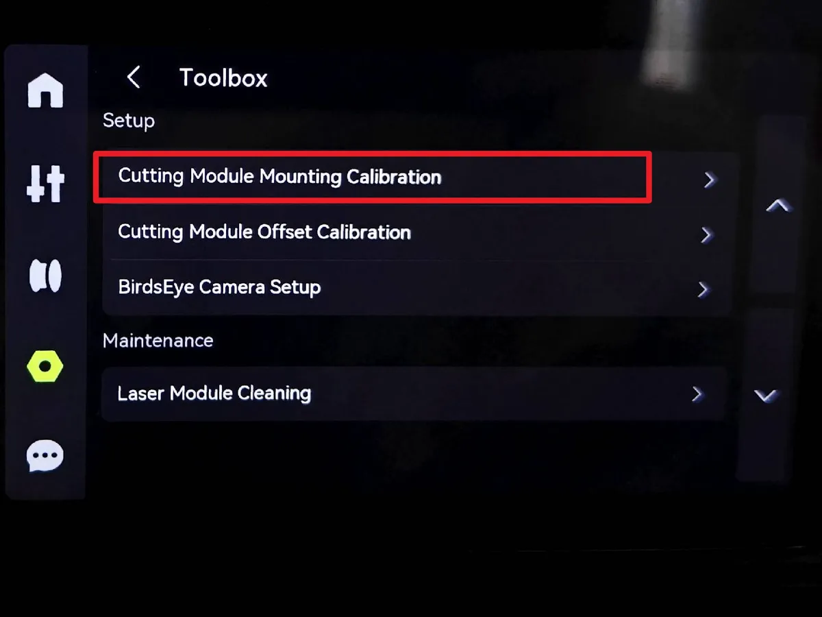 Indgang til skæremodulets kalibrering via Settings og Toolbox