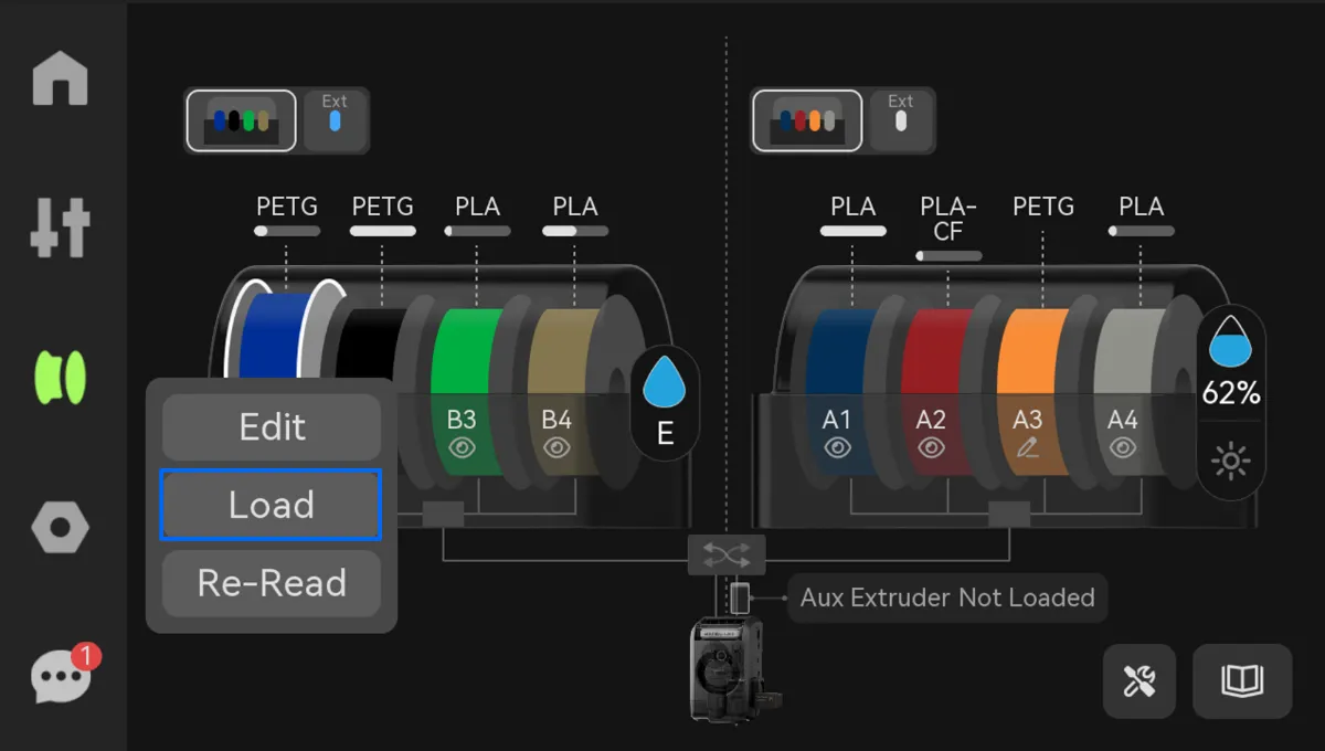 Genindlæsning af filament fra AMS via printerens skærm