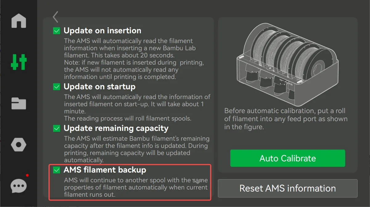 AMS med automatisk filamentskift mellem to ruller med samme filament
