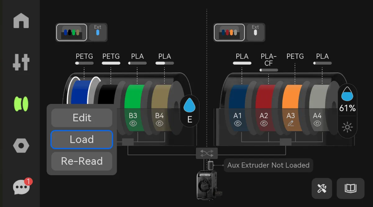 Genindlæsning af filament fra AMS på skærmen