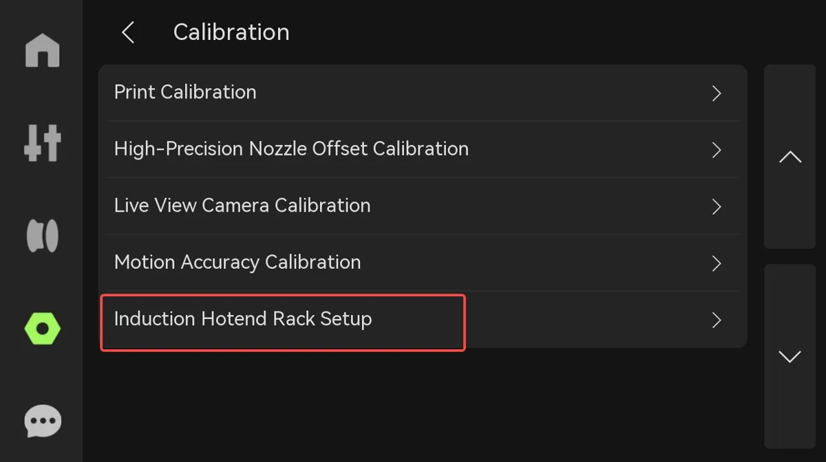 Valg af Induction Hotend Rack Setup i kalibreringsmenuen