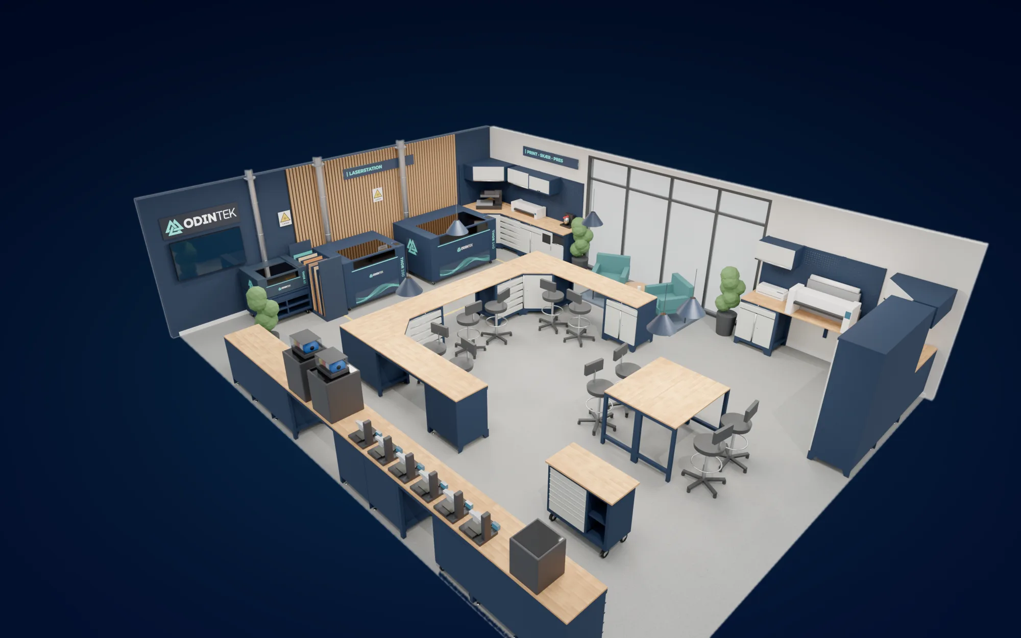 Showroom tegnet og renderet i værkstedsdesigneren med laserstation, 3D-print, arbejdsø, lounge og opbevaring