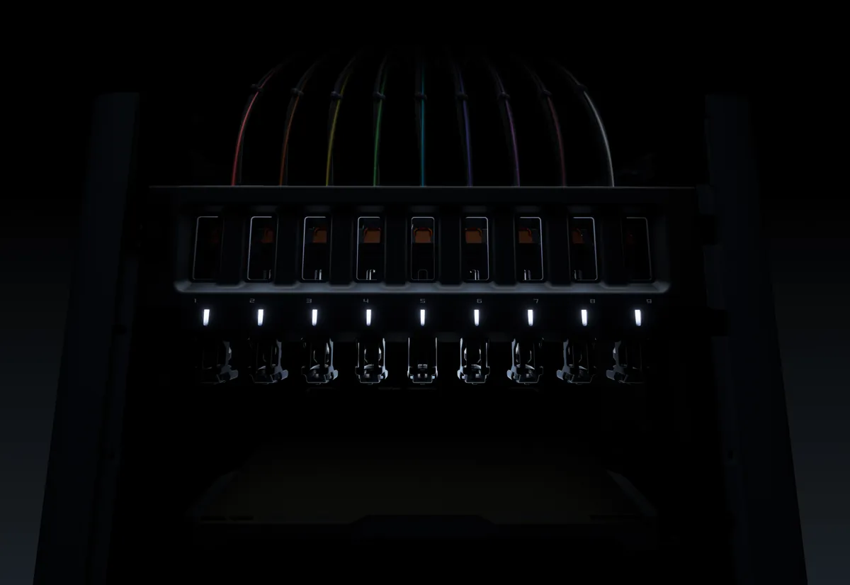 Bambu Lab H3C med ni værktøjer i rack, officiel teaser