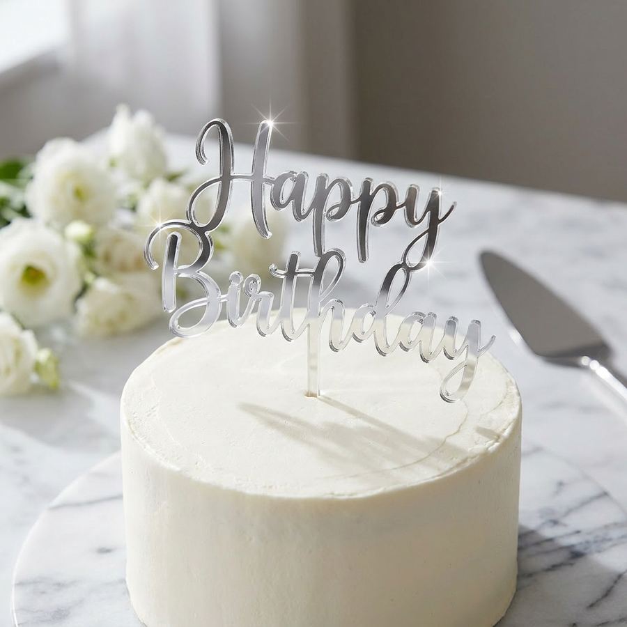 Spejlakryl Sølv | Cake Topper Happy Birthday